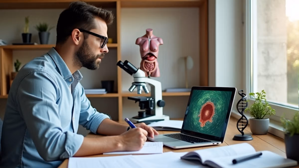 Ein konzentrierter Biologiestudent sitzt an einem modernen Schreibtisch mit Laptop, Mikroskop und Fachliteratur, während im Hintergrund anatomische Modelle und eine DNA-Doppelhelix auf einem Regal zu sehen sind.