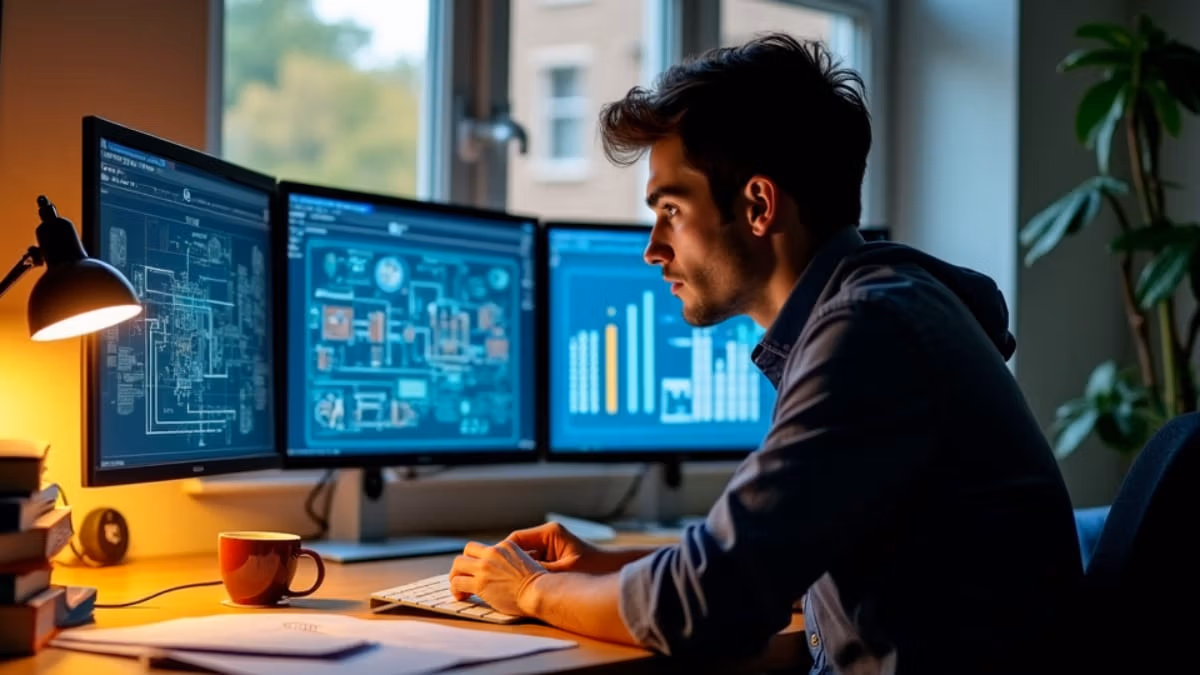 Ein konzentrierter junger Ingenieur sitzt an seinem heimischen Schreibtisch mit technischen Diagrammen auf mehreren Bildschirmen, umgeben von Fachliteratur zur Elektrotechnik, während warmes Schreibtischlampenlicht und Abendlicht durch das Fenster die gemütliche Studienatmosphäre unterstreichen.