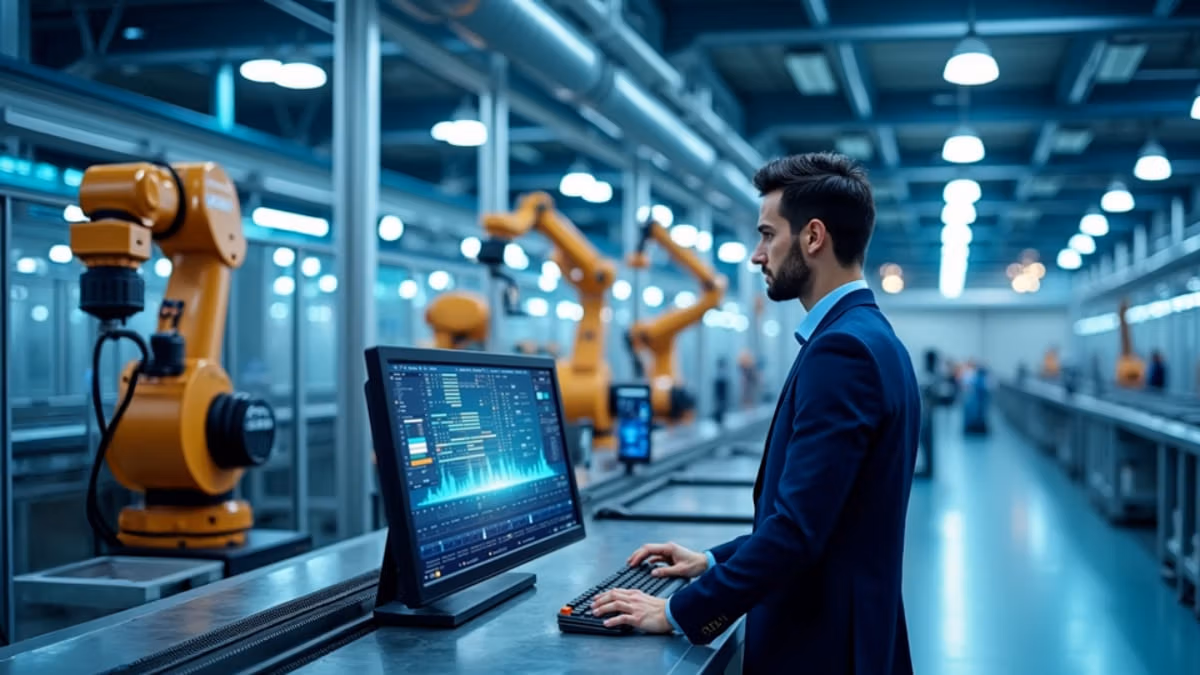Ein junger Ingenieur in Business-Casual-Kleidung arbeitet an einem modernen Computerterminal in einer hochautomatisierten Fertigungsanlage mit mehreren Roboterarmen, blauen LED-Leuchten und holografischen Displays entlang der Produktionslinie.