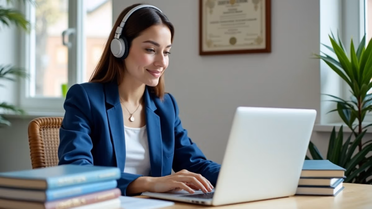 Eine junge Geschäftsfrau in Smart-Casual-Kleidung sitzt mit Kopfhörern an einem modernen Heimbüro-Schreibtisch vor ihrem Laptop, umgeben von Sprachlernbüchern und Wörterbüchern, während Sprachzertifikate an der sonnendurchfluteten Wand hängen.