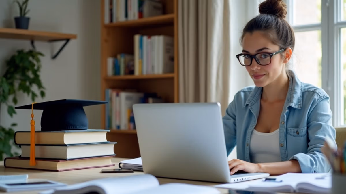 Ein konzentrierter Graduierungsstudent sitzt an einem modernen Schreibtisch mit Laptop, Tablet und Lehrbüchern in einem hell beleuchteten Heimstudierzimmer mit Bücherregal und Graduierungshut im unscharfen Hintergrund.