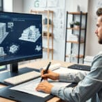 Ein konzentrierter Architekt erstellt detaillierte Gebäudepläne mittels CAD-Software an einem modernen Zeichentisch mit großem Bildschirm, digitalem Stift und Zeichentablett, umgeben von 3D-Modellen und technischen Zeichnungen.