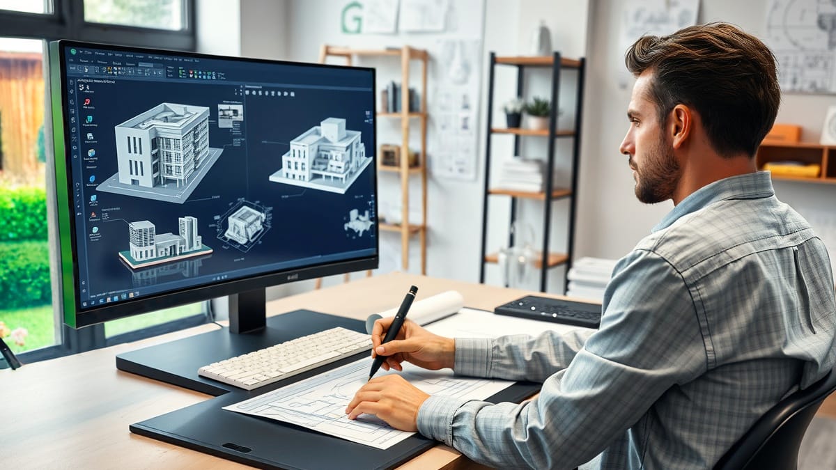 Ein konzentrierter Architekt erstellt detaillierte Gebäudepläne mittels CAD-Software an einem modernen Zeichentisch mit großem Bildschirm, digitalem Stift und Zeichentablett, umgeben von 3D-Modellen und technischen Zeichnungen.