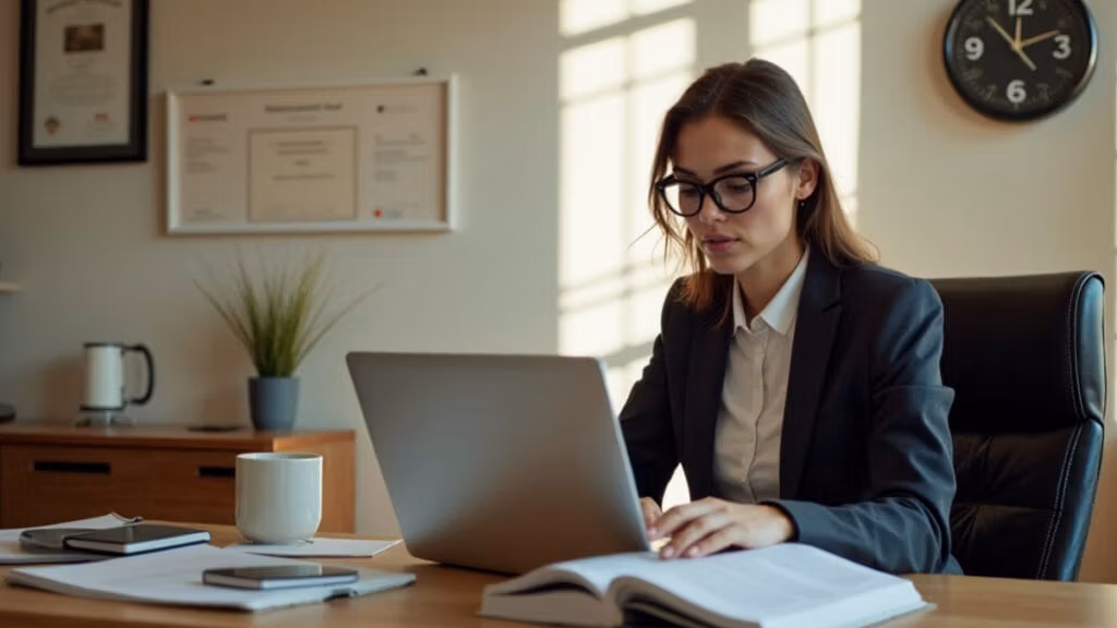 Eine junge Geschäftsfrau im Business-Casual-Outfit sitzt konzentriert an ihrem modern eingerichteten Home-Office-Schreibtisch mit Laptop, Lehrbüchern und Arbeitsmaterialien, während natürliches Abendlicht durch ein großes Fenster fällt und Diplome an der Wand ihre berufliche Qualifikation bezeugen.