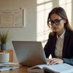 Eine junge Geschäftsfrau im Business-Casual-Outfit sitzt konzentriert an ihrem modern eingerichteten Home-Office-Schreibtisch mit Laptop, Lehrbüchern und Arbeitsmaterialien, während natürliches Abendlicht durch ein großes Fenster fällt und Diplome an der Wand ihre berufliche Qualifikation bezeugen.