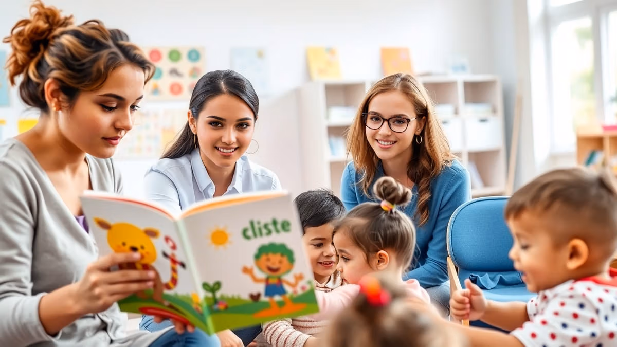 Engagierte frühkindliche Pädagogen unterschiedlicher Ethnien interagieren in einem hellen, modernen Klassenzimmer mit aufmerksamen Vorschulkindern, während eine Lehrerin aus einem bunten Bilderbuch vorliest, umgeben von Lernmaterialien und einer einladenden Atmosphäre.