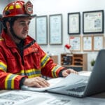 Ein professioneller Feuerwehrmann in vollständiger Schutzausrüstung und roter Uniform studiert Gebäudepläne an einem modernen Schreibtisch mit Laptop und technischen Zeichnungen, während im Hintergrund Zertifikate und Sicherheitsvorschriften zu sehen sind.