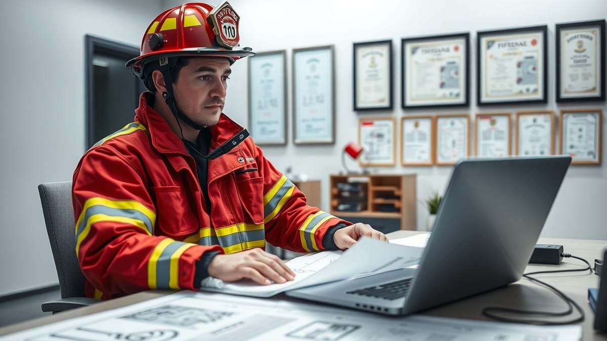 Ein professioneller Feuerwehrmann in vollständiger Schutzausrüstung und roter Uniform studiert Gebäudepläne an einem modernen Schreibtisch mit Laptop und technischen Zeichnungen, während im Hintergrund Zertifikate und Sicherheitsvorschriften zu sehen sind.