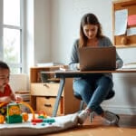 Junge Mutter arbeitet konzentriert am Laptop im heimischen Arbeitszimmer, während ihr Kleinkind nebenan auf einer Spielmatte mit pädagogischem Spielzeug spielt.