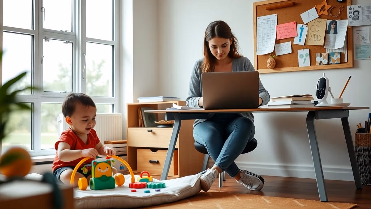 Junge Mutter arbeitet konzentriert am Laptop im heimischen Arbeitszimmer, während ihr Kleinkind nebenan auf einer Spielmatte mit pädagogischem Spielzeug spielt.