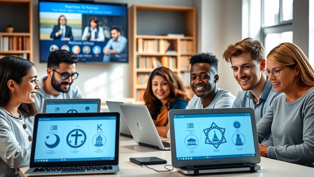 Multikulturelle Studierende analysieren religiöse Texte verschiedener Glaubensrichtungen an einem modernen Schreibtisch mit Laptops und Tablets, während natürliches Licht durch große Fenster in den Studienraum fällt.