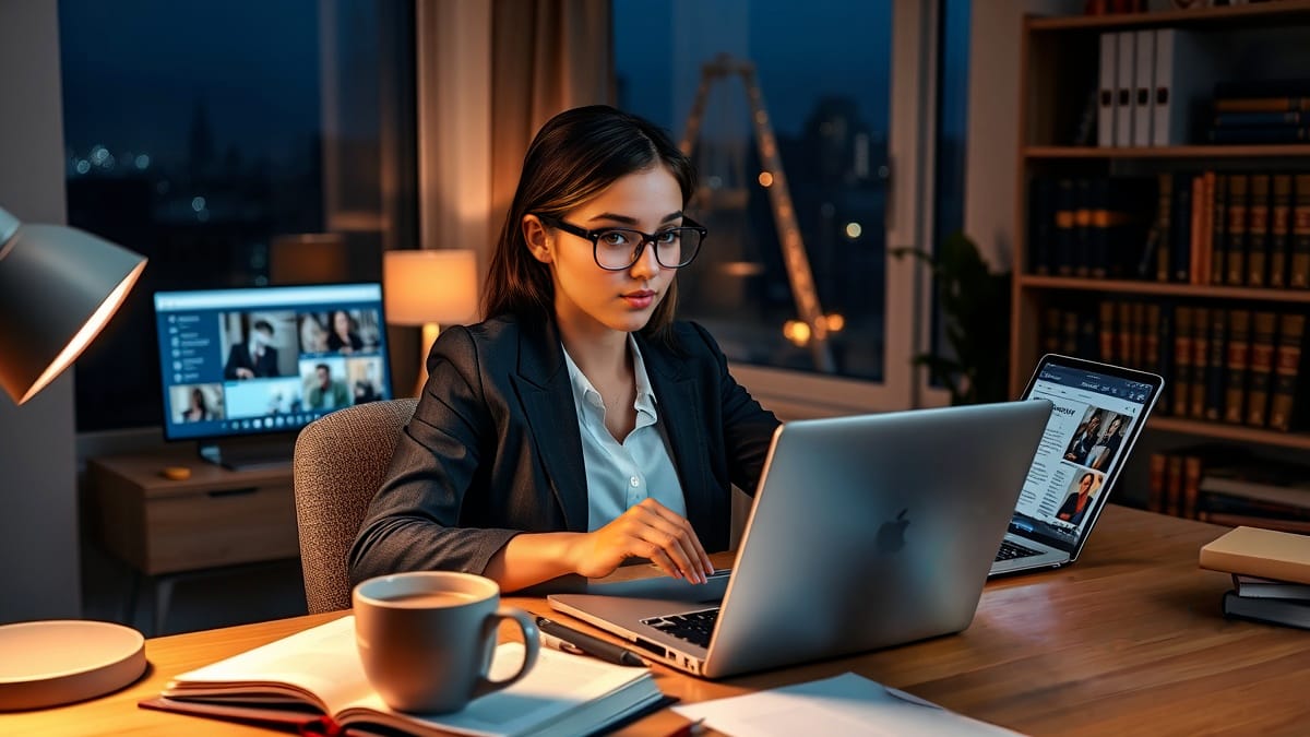 Konzentrierte junge Juristin im Businessoutfit arbeitet abends an ihrem ergonomischen Heimarbeitsplatz mit Laptop, Tablet und Rechtsliteratur unter warmem Schreibtischlicht vor nächtlicher Stadtkulisse.