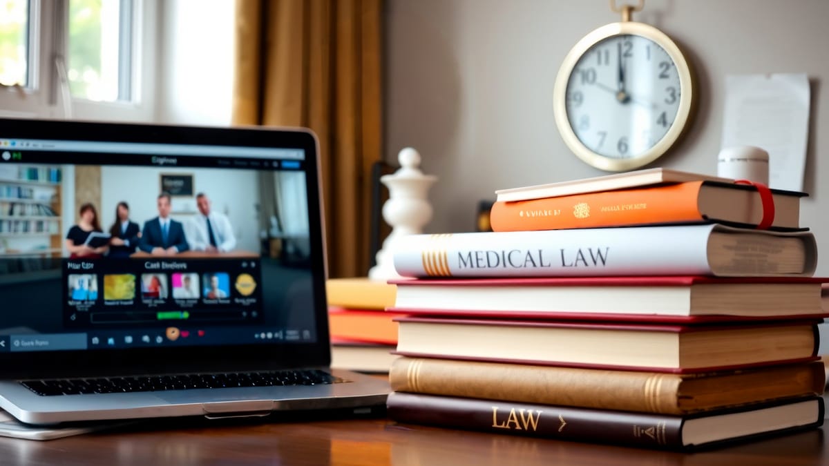 Ein junger Medizinrechtsstudent sitzt konzentriert an einem heimischen Schreibtisch vor einem Laptop mit virtueller Vorlesung, umgeben von Fachbüchern, einem Anatomiemodell, einem Stethoskop und einem Richterhammer, während an der Wand ein Diplom und ein Prüfungskalender hängen.