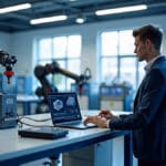 Ein Student in Business-Casual-Kleidung arbeitet in einem hochmodernen Mechatronik-Labor mit Robotik-Ausrüstung, 3D-Druckern und elektronischen Testgeräten an einem Laptop mit CAD-Software unter einer Kombination aus natürlichem und LED-Arbeitslicht.