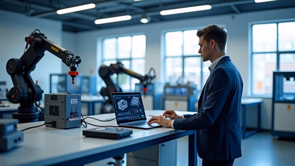 Ein Student in Business-Casual-Kleidung arbeitet in einem hochmodernen Mechatronik-Labor mit Robotik-Ausrüstung, 3D-Druckern und elektronischen Testgeräten an einem Laptop mit CAD-Software unter einer Kombination aus natürlichem und LED-Arbeitslicht.