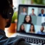Internationaler Student mit Kopfhörern nimmt aktiv an einer multikulturellen Online-Lerngruppe über interkulturelle Kommunikation teil, während andere Teilnehmer in Videokonferenzfenstern auf seinem Laptop-Bildschirm zu sehen sind.