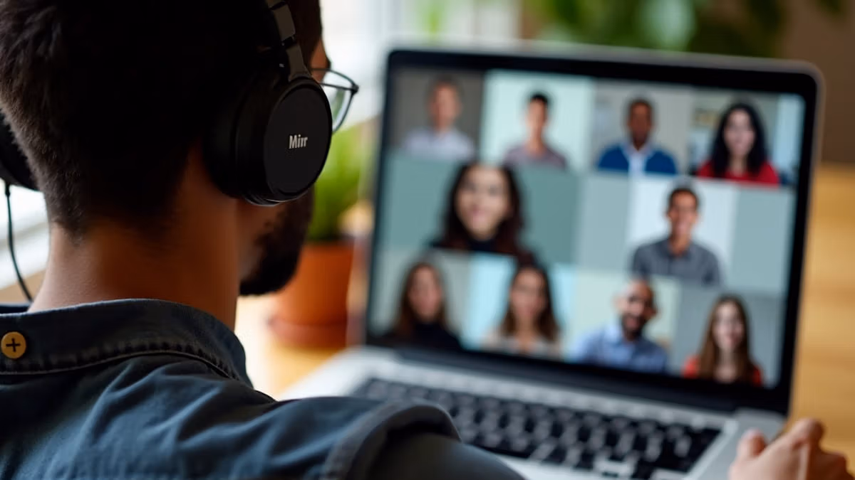 Internationaler Student mit Kopfhörern nimmt aktiv an einer multikulturellen Online-Lerngruppe über interkulturelle Kommunikation teil, während andere Teilnehmer in Videokonferenzfenstern auf seinem Laptop-Bildschirm zu sehen sind.