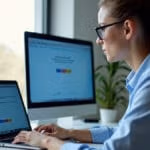 Ein konzentrierter Student in Business-Casual-Kleidung sitzt an einem aufgeräumten Schreibtisch vor seinem Laptop und absolviert eine Online-Prüfung, während natürliches Tageslicht durch das Fenster scheint und eine Webcam sowie Studentenausweis die Prüfungssituation dokumentieren.