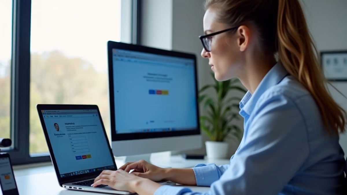 Ein konzentrierter Student in Business-Casual-Kleidung sitzt an einem aufgeräumten Schreibtisch vor seinem Laptop und absolviert eine Online-Prüfung, während natürliches Tageslicht durch das Fenster scheint und eine Webcam sowie Studentenausweis die Prüfungssituation dokumentieren.