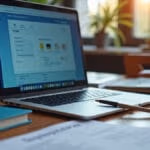 Ein aufgeklappter Laptop mit Lernplattform-Interface steht auf einem holzfarbenen Schreibtisch neben verstreuten Lernmaterialien und einem sichtbaren ALG-II-Bescheid, natürlich beleuchtet durch warmes Fensterlicht.