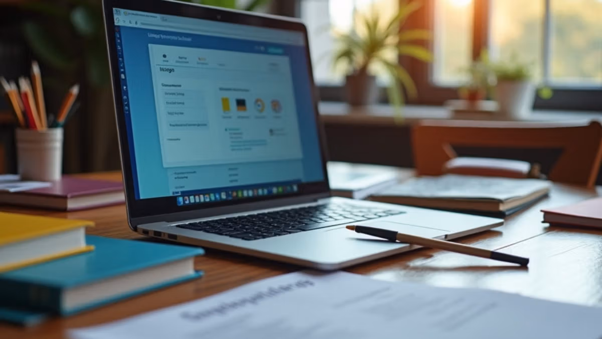 Ein aufgeklappter Laptop mit Lernplattform-Interface steht auf einem holzfarbenen Schreibtisch neben verstreuten Lernmaterialien und einem sichtbaren ALG-II-Bescheid, natürlich beleuchtet durch warmes Fensterlicht.