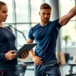 Ein professioneller Fitnesstrainer in marineblauer Sportkleidung demonstriert einem Kunden die korrekte Übungsausführung während er ein digitales Tablet mit Trainingsplänen in einem modern ausgestatteten, lichtdurchfluteten Fitnessstudio hält.