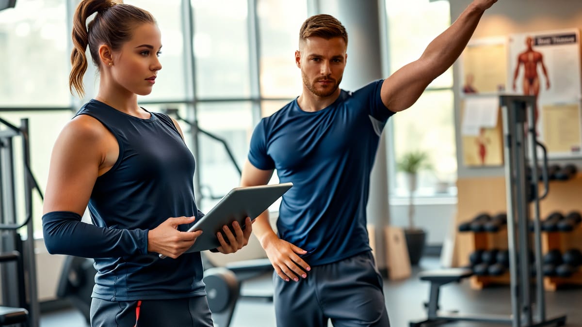 Ein professioneller Fitnesstrainer in marineblauer Sportkleidung demonstriert einem Kunden die korrekte Übungsausführung während er ein digitales Tablet mit Trainingsplänen in einem modern ausgestatteten, lichtdurchfluteten Fitnessstudio hält.