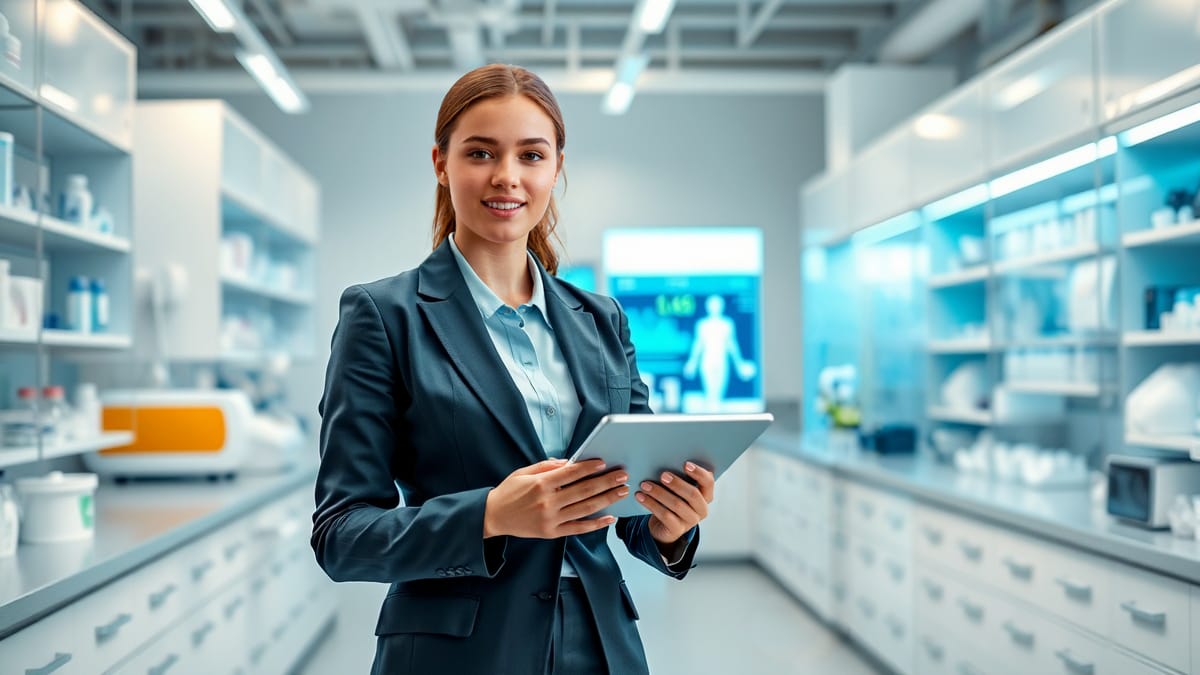 Eine professionelle Pharmareferentin im Business-Anzug präsentiert medizinische Daten auf einem Tablet während einer Besprechung mit einem Arzt im weißen Kittel in einem modernen Laborumfeld.