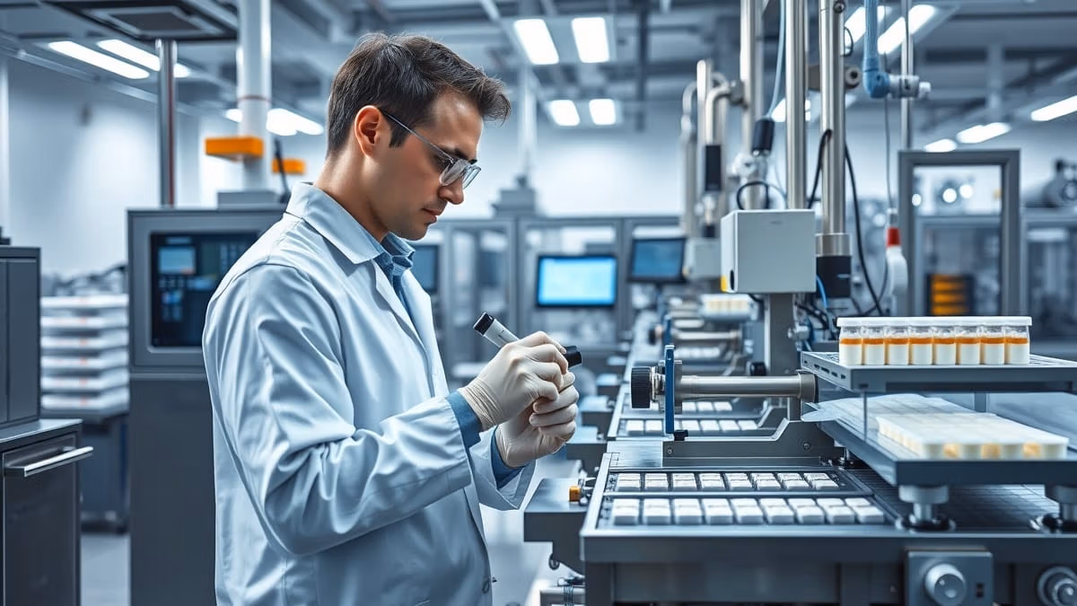 Ein konzentrierter Wissenschaftler im weißen Laborkittel arbeitet an modernen pharmazeutischen Fertigungsanlagen mit Präzisionsinstrumenten und Qualitätskontrollmonitoren in einer sterilen Laborumgebung.