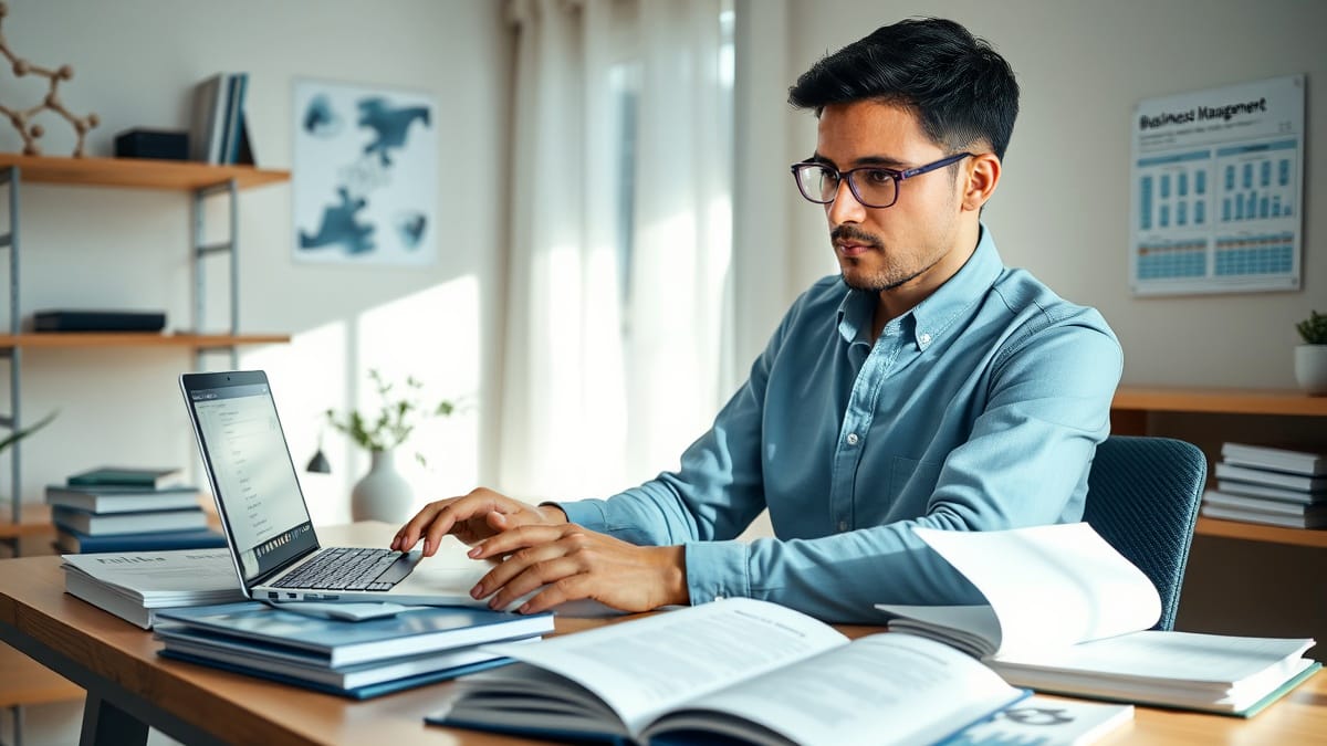 Ein konzentrierter Student sitzt an einem modernen Schreibtisch mit Laptop und studiert pharmazeutische Management-Unterlagen, umgeben von Fachliteratur, molekularen Strukturdiagrammen und einem DNA-Helix-Modell im warm beleuchteten Heimarbeitsplatz.