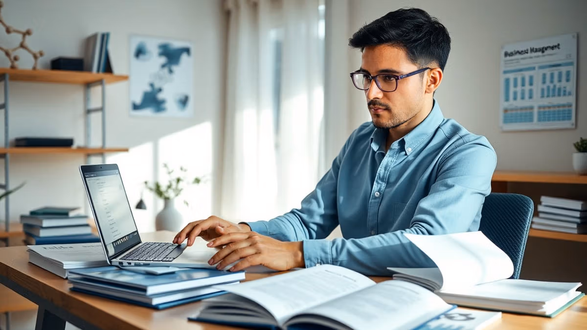 Ein konzentrierter Student sitzt an einem modernen Schreibtisch mit Laptop und studiert pharmazeutische Management-Unterlagen, umgeben von Fachliteratur, molekularen Strukturdiagrammen und einem DNA-Helix-Modell im warm beleuchteten Heimarbeitsplatz.