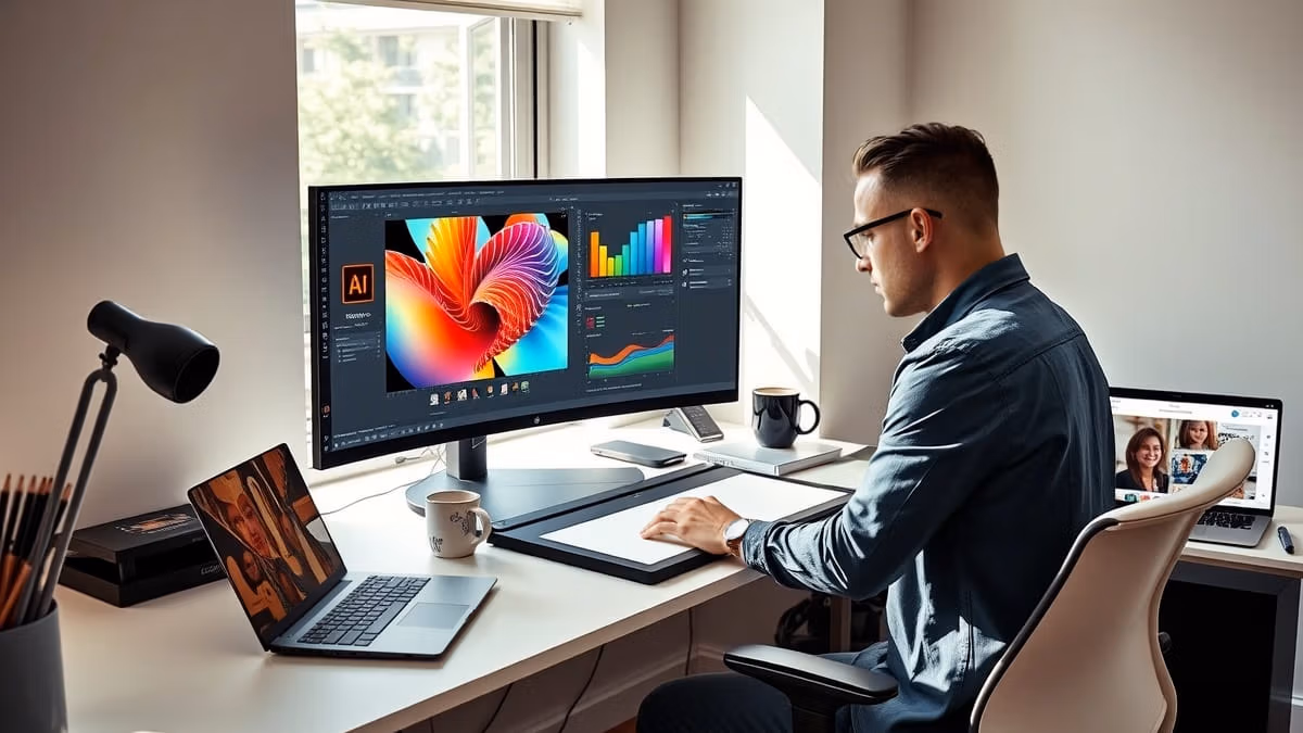 Ein professioneller Grafikdesigner arbeitet konzentriert an einem modernen Heimarbeitsplatz mit 27-Zoll-Bildschirm, Grafiktablett und ergonomischem Stuhl bei natürlichem Fensterlicht.