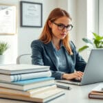 Eine konzentrierte Psychologiestudentin im Business-Casual-Outfit arbeitet an ihrem Laptop in einem hellen Heimstudierzimmer mit Fachliteratur, digitalen Geräten und Qualifikationsnachweisen an der Wand.