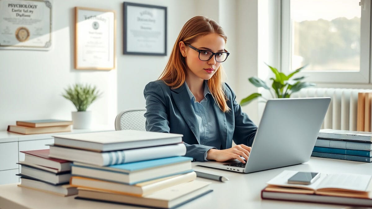 Eine konzentrierte Psychologiestudentin im Business-Casual-Outfit arbeitet an ihrem Laptop in einem hellen Heimstudierzimmer mit Fachliteratur, digitalen Geräten und Qualifikationsnachweisen an der Wand.