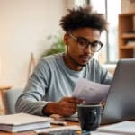 Ein junger Student verschiedener Herkunft arbeitet konzentriert am modernen Heimbüro-Schreibtisch mit BAföG-Unterlagen, Laptop und Studienmaterialien bei warmem Abendlicht.