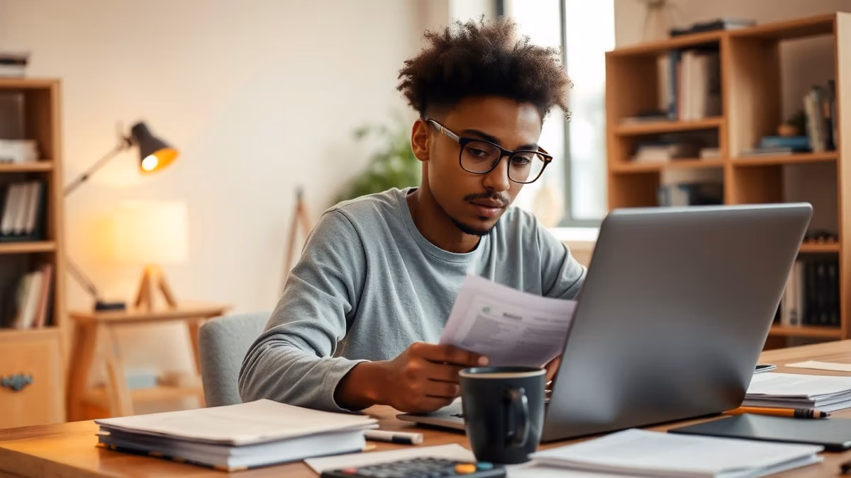 Ein junger Student verschiedener Herkunft arbeitet konzentriert am modernen Heimbüro-Schreibtisch mit BAföG-Unterlagen, Laptop und Studienmaterialien bei warmem Abendlicht.