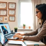 Ein konzentrierter Student arbeitet an einem beleuchteten Schreibtisch im modernen Homeoffice mit Laptop und Tablet, während Tageslicht durch das Fenster scheint und mehrere Diplome an der Wand hängen