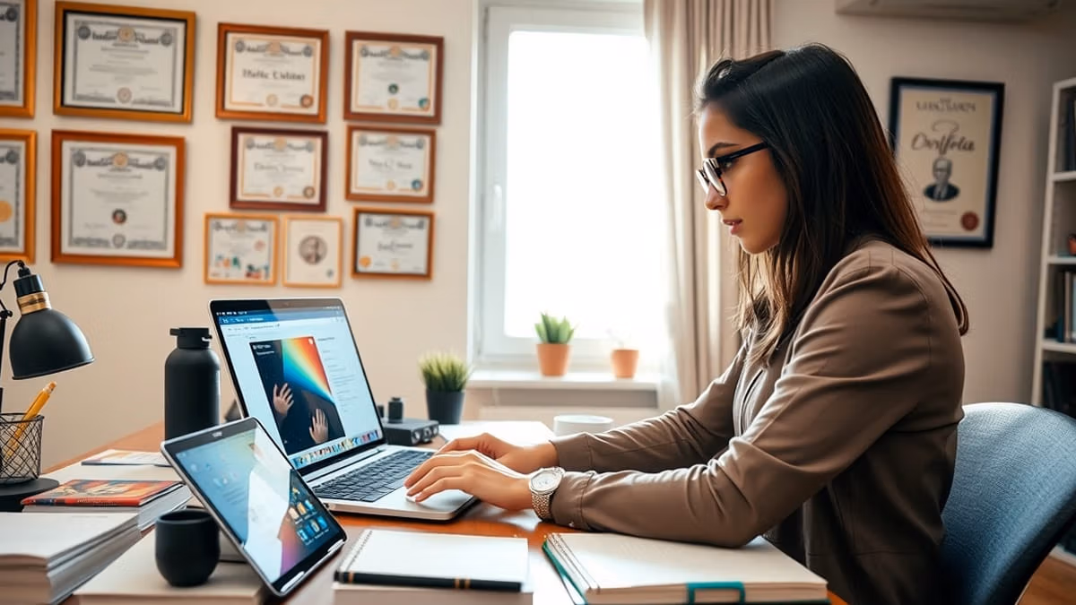 Ein konzentrierter Student arbeitet an einem beleuchteten Schreibtisch im modernen Homeoffice mit Laptop und Tablet, während Tageslicht durch das Fenster scheint und mehrere Diplome an der Wand hängen