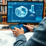 Ein technischer Zeichner arbeitet konzentriert an einem modernen Zeichentisch mit großem Computerbildschirm, der ein detailliertes 3D-CAD-Modell eines mechanischen Teils zeigt, während er präzise ein digitales Zeichentablett bedient.