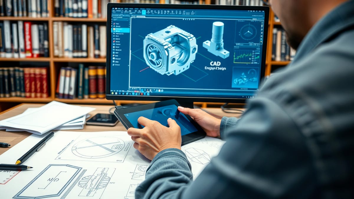 Ein technischer Zeichner arbeitet konzentriert an einem modernen Zeichentisch mit großem Computerbildschirm, der ein detailliertes 3D-CAD-Modell eines mechanischen Teils zeigt, während er präzise ein digitales Zeichentablett bedient.