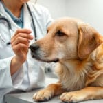 Ein Tierarzt in weißem Kittel untersucht einen Golden Retriever auf dem Behandlungstisch, während er ein homöopathisches Mittel hält und den Hund streichelt, umgeben von natürlichen Heilmitteln in einer modernen Tierklinik.