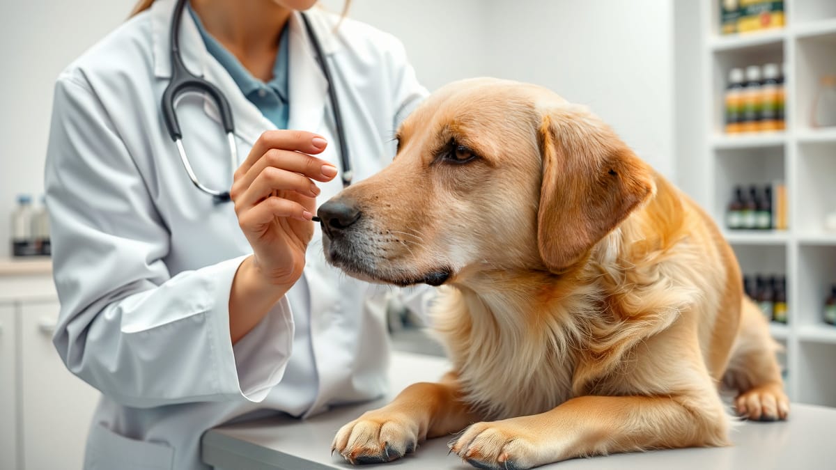 Ein Tierarzt in weißem Kittel untersucht einen Golden Retriever auf dem Behandlungstisch, während er ein homöopathisches Mittel hält und den Hund streichelt, umgeben von natürlichen Heilmitteln in einer modernen Tierklinik.