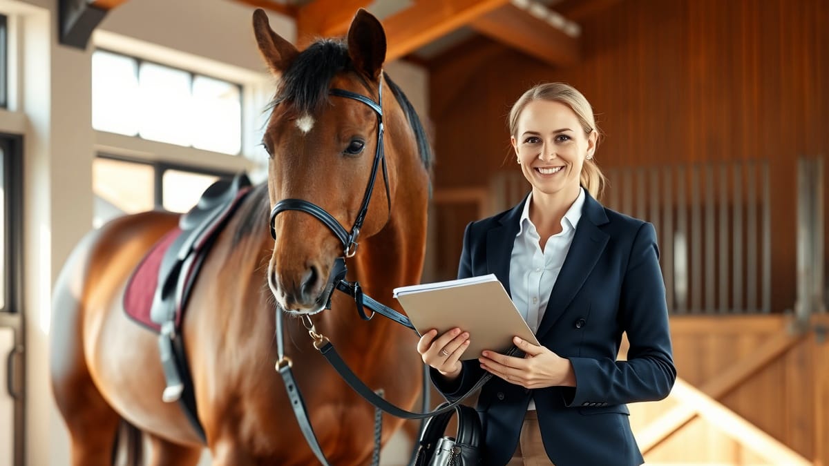 Eine professionelle Reitlehrerin in klassischer Reitbekleidung steht selbstbewusst neben einem gepflegten braunen Pferd in einem modernen, lichtdurchfluteten Holzstall während sie Reitutensilien und Lehrmaterial in den Händen hält.