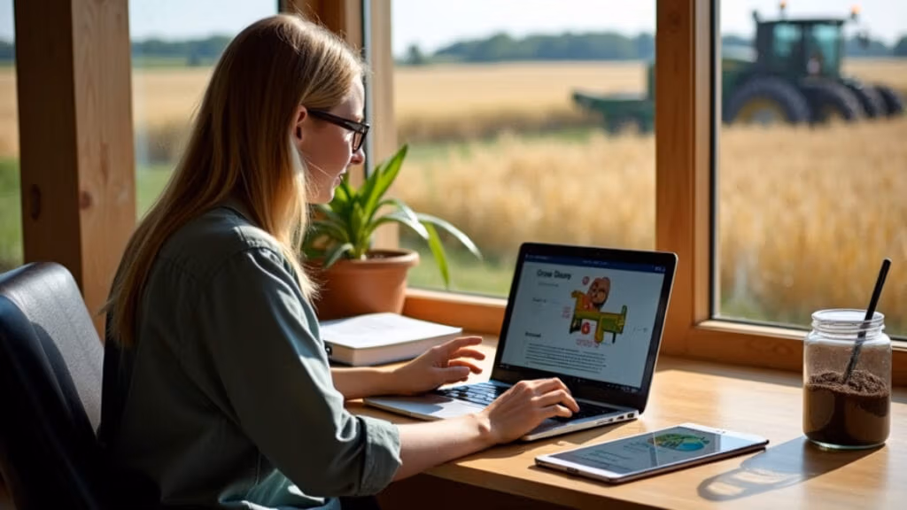 Ein Landwirtschaftsstudent sitzt an einem holzernen Schreibtisch mit Laptop, Bodenprobenbehältern und Fachliteratur, während durch ein großes Fenster Weizenfelder und moderne Landwirtschaftsmaschinen zu sehen sind.