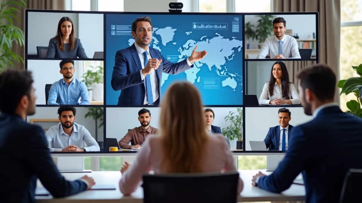 Eine multikulturelle Gruppe von Studierenden nimmt an einer virtuellen Lehrveranstaltung für Internationales Management teil, während ein Professor im Hauptfenster Geschäftskonzepte anhand von Infografiken präsentiert.