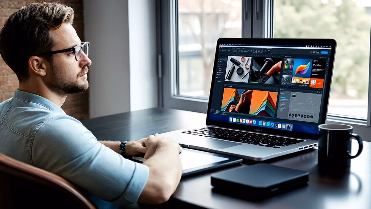Ein moderner, lichtdurchfluteter Arbeitsplatz mit aufgeklapptem Laptop, der Grafikdesign-Software zeigt, umgeben von einem digitalen Zeichentablett, Stylus, Farbmustern und kreativen Arbeitsmaterialien auf einem aufgeräumten Schreibtisch.