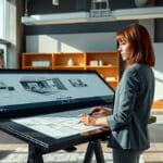 Professionelle Innenarchitektin in Business-Casual-Kleidung arbeitet konzentriert an einem digitalen Zeichentisch mit 3D-Raumentwürfen in einem modernen, lichtdurchfluteten Architekturbüro mit Materialmustern und Bauplänen.