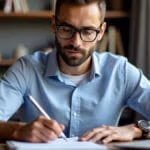 Ein konzentrierter Student in Business-Casual-Kleidung nimmt während einer Online-Vorlesung für Kommunikationswissenschaften an seinem modern eingerichteten Heimbüro mit Tablet Notizen, umgeben von Fachliteratur und bei natürlichem Tageslicht.