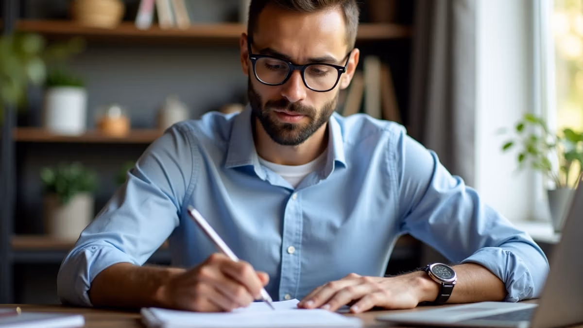 Ein konzentrierter Student in Business-Casual-Kleidung nimmt während einer Online-Vorlesung für Kommunikationswissenschaften an seinem modern eingerichteten Heimbüro mit Tablet Notizen, umgeben von Fachliteratur und bei natürlichem Tageslicht.