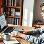 Ein konzentrierter Student in schicker Freizeitkleidung arbeitet an einem aufgeräumten Home-Office-Schreibtisch mit Laptop an einem Online-Ethikkurs, umgeben von Philosophiebüchern, Notizen und einer Kaffeetasse im warm beleuchteten Raum.